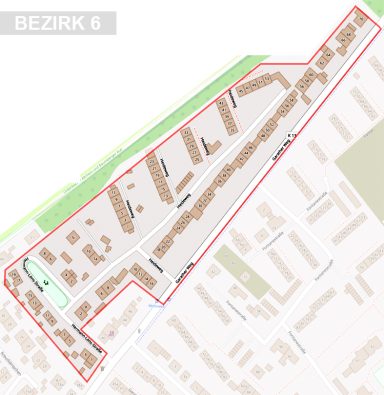 Bezirk 6 Planausschnitt mit Wohngebäuden, Grünfläche und Straßen im Einsatzgebiet.